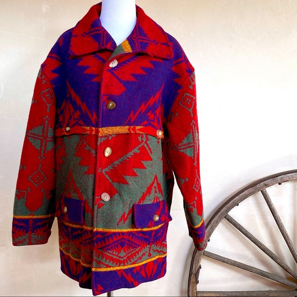 RALPH LAUREN COUNTRY Vtg 80s Colorful Wool Indian Blanket Coat Womans M USA RARE - Picture 2 of 16